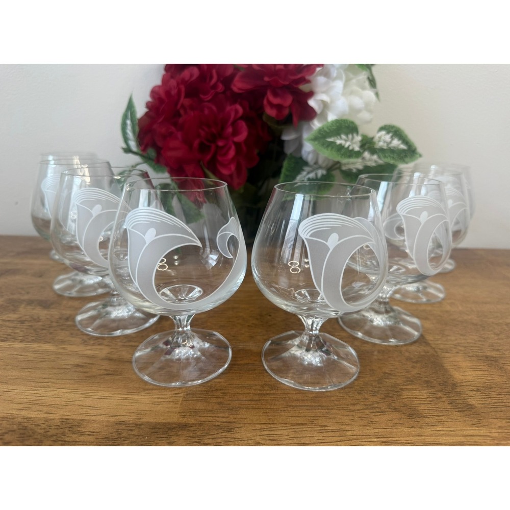 Vintage Bohemia Crystal Brandy Cognac Glasses Floral Calla Lily‎ Cut Set